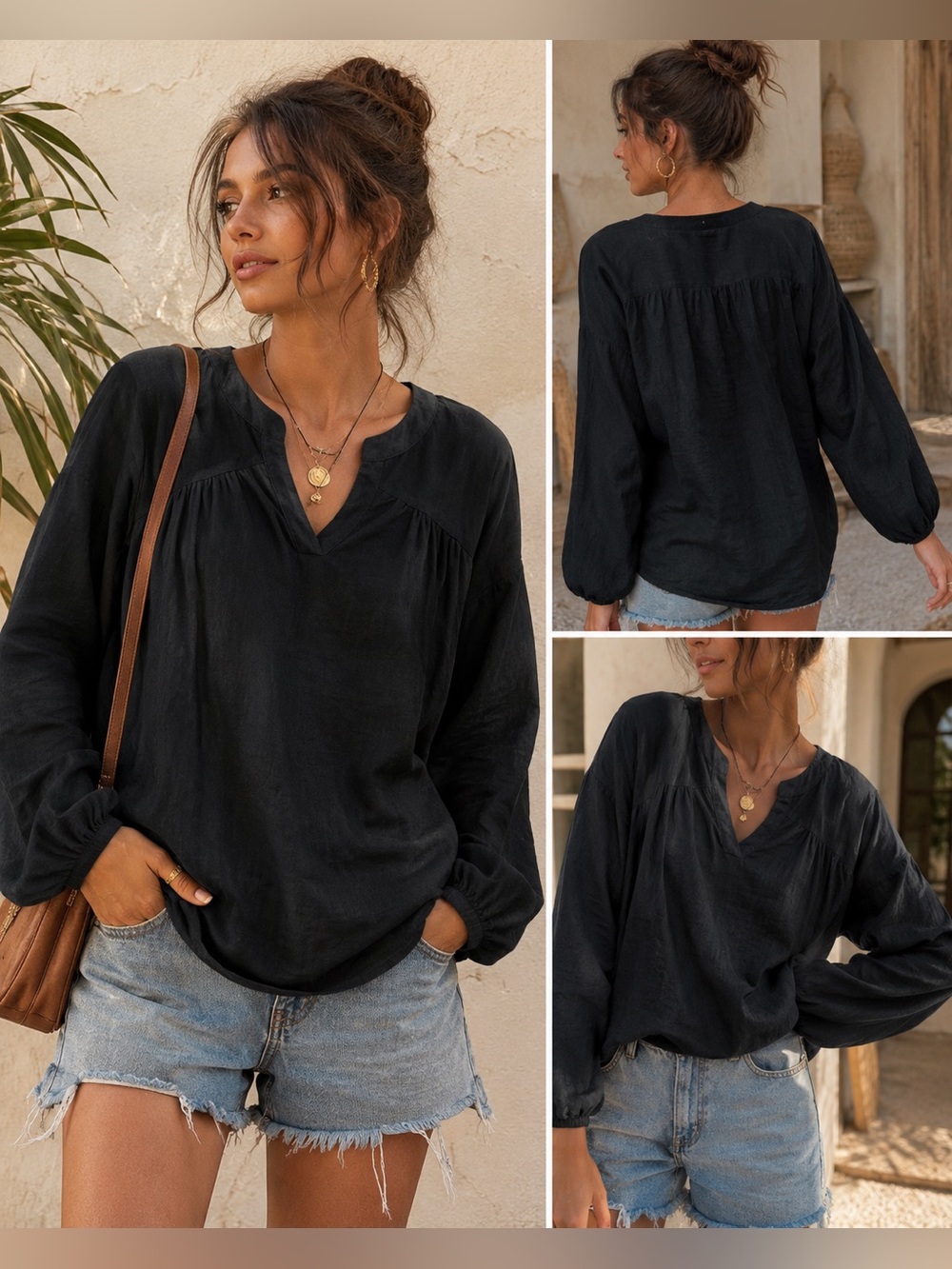 World Market Black Linen Blend Boho Peasant Blouse Tunic Top S/M